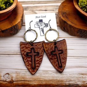 Tooled Leather Earrings- Shield of Faith