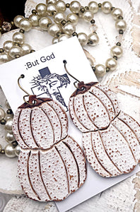 Tooled Leather Earrings- Stacked Pumpkins White Distressed