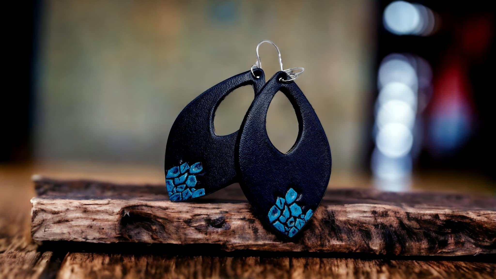 Tooled Leather Earrings- Stoned Crystals