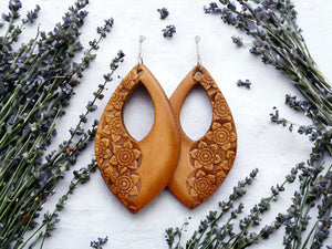 Tooled Leather Earrings- Crystals Floral