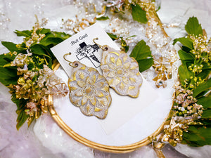 Tooled Leather Earrings: Floral Mandala- White/Gold