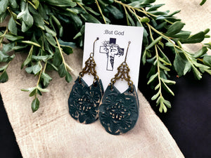 Tooled Leather Earrings- Notched Tear Drops (Olive)