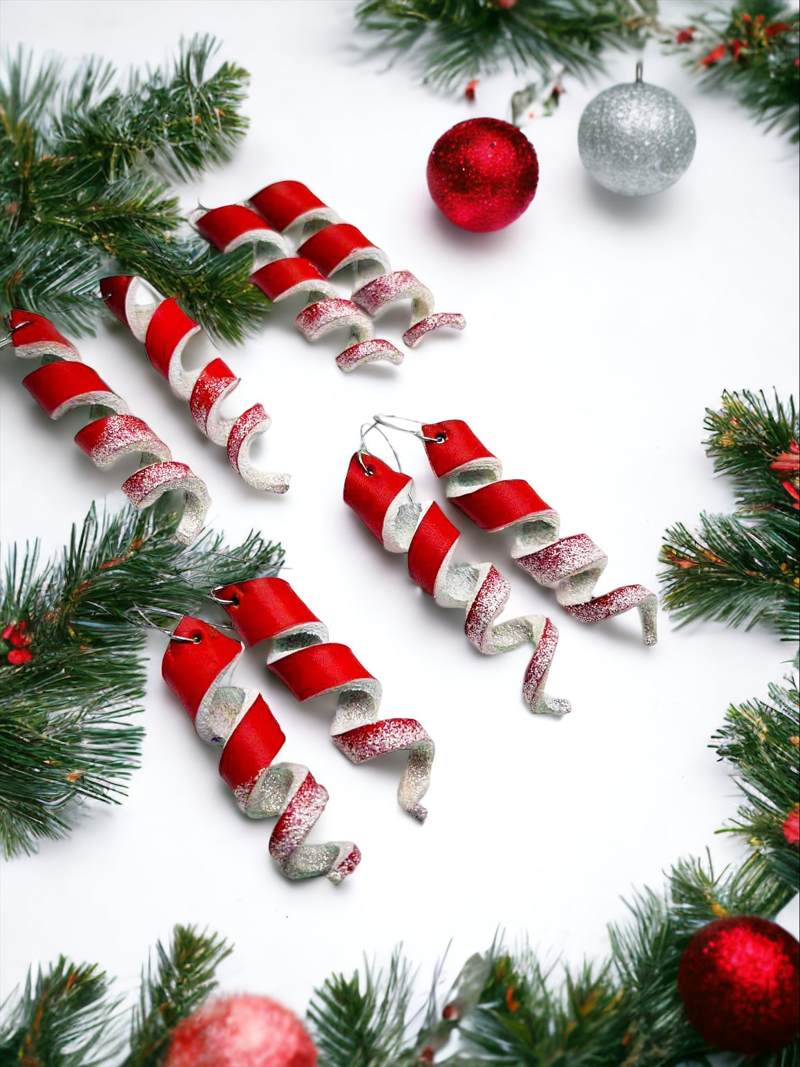 Leather Earrings- Candy cane Twisties Glitter dipped