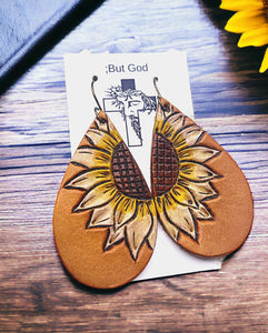 Tooled Leather Earrings- Sunflower Tear Drops