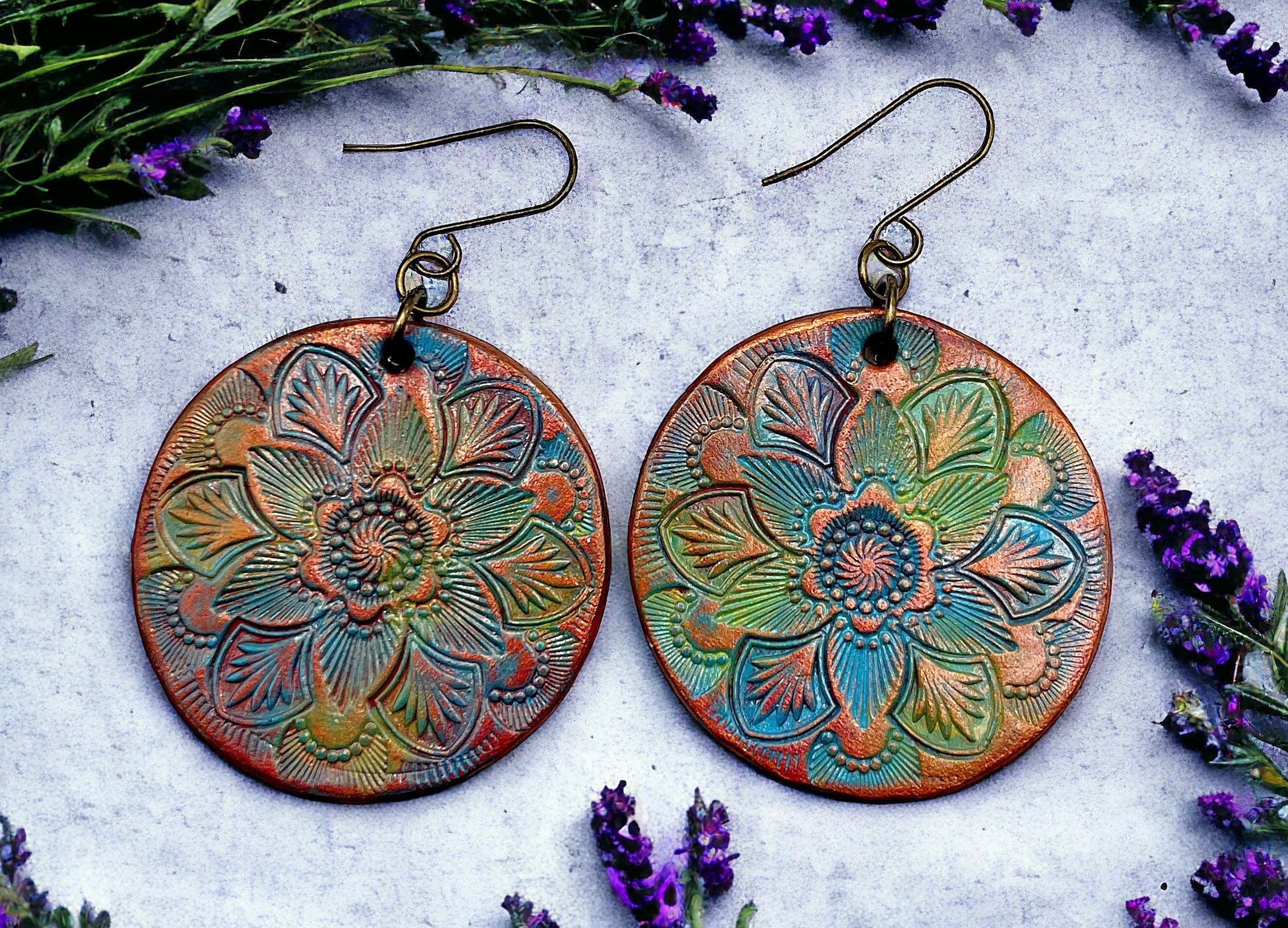 Tooled Leather Earrings- Floral Mandala Circles