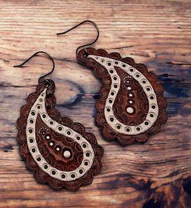 Tooled Leather Earrings - Scalloped Paisley Drops