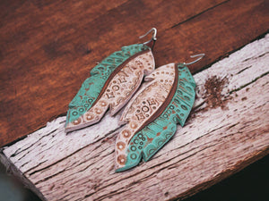 Tooled Leather Earrings- Feather - Turquoise/White Distressed