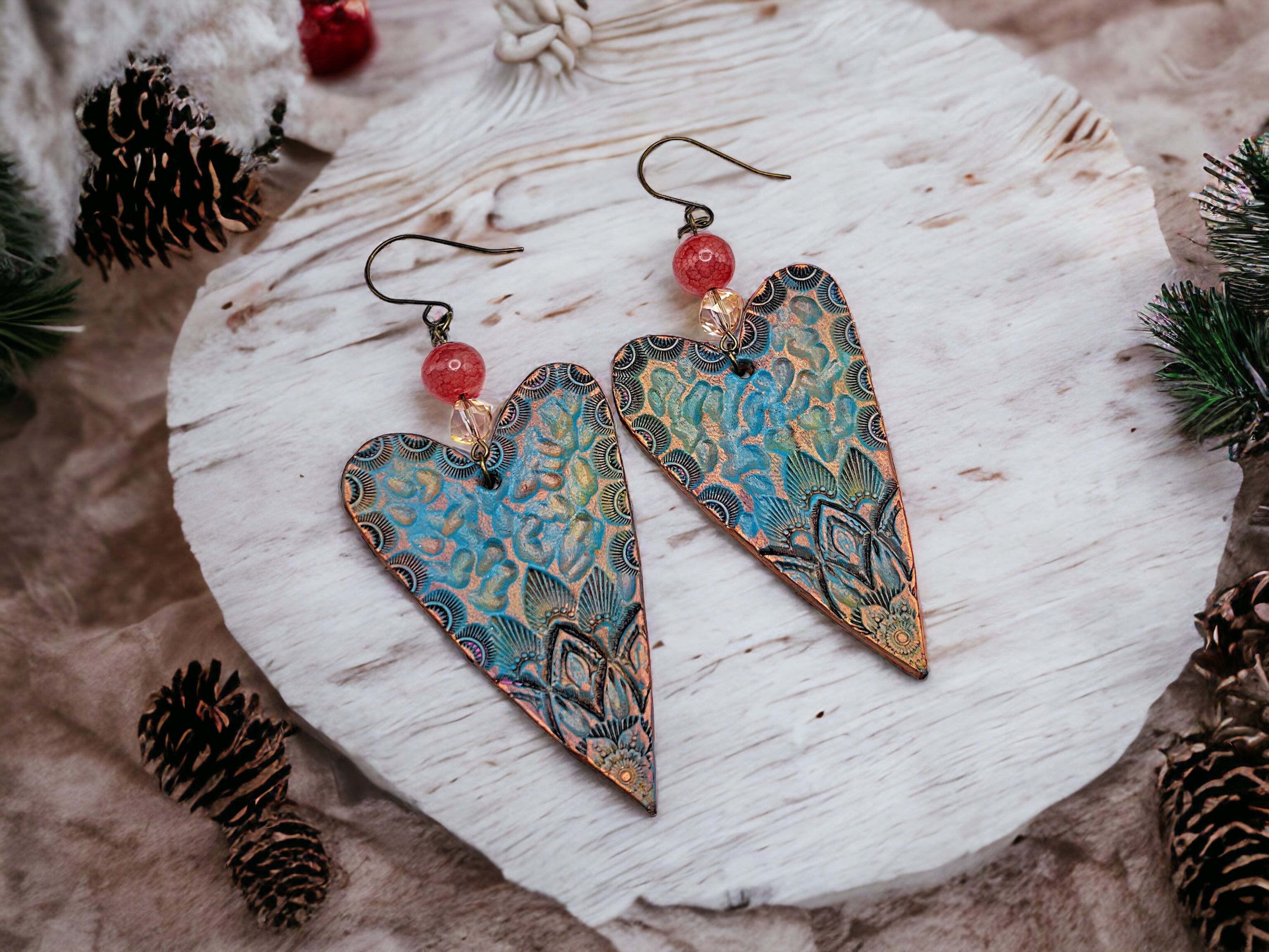 Tooled Leather Earrings- Floral Mandala Hearts