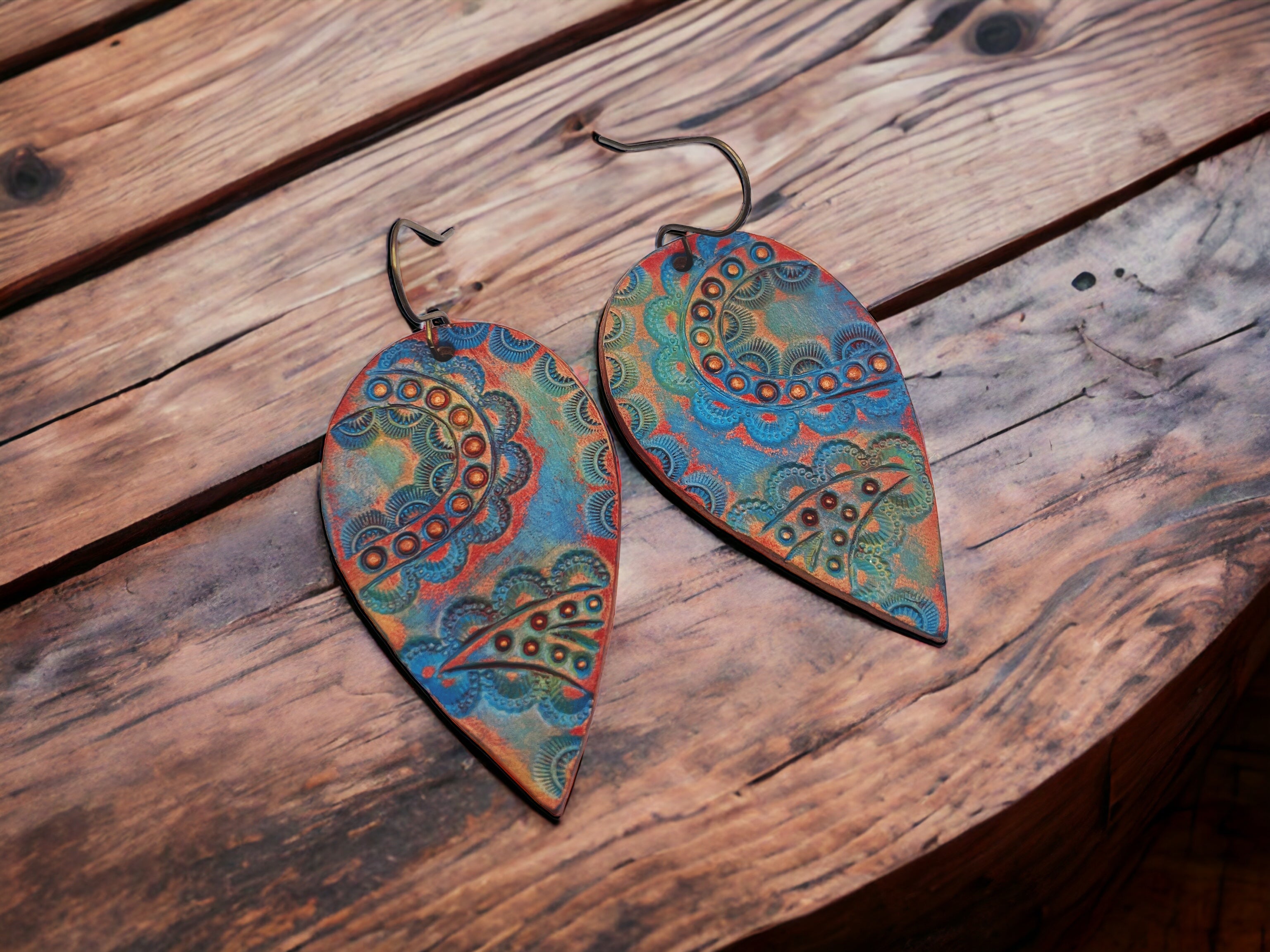 Tooled Leather Earrings- Paisley Tear Drops