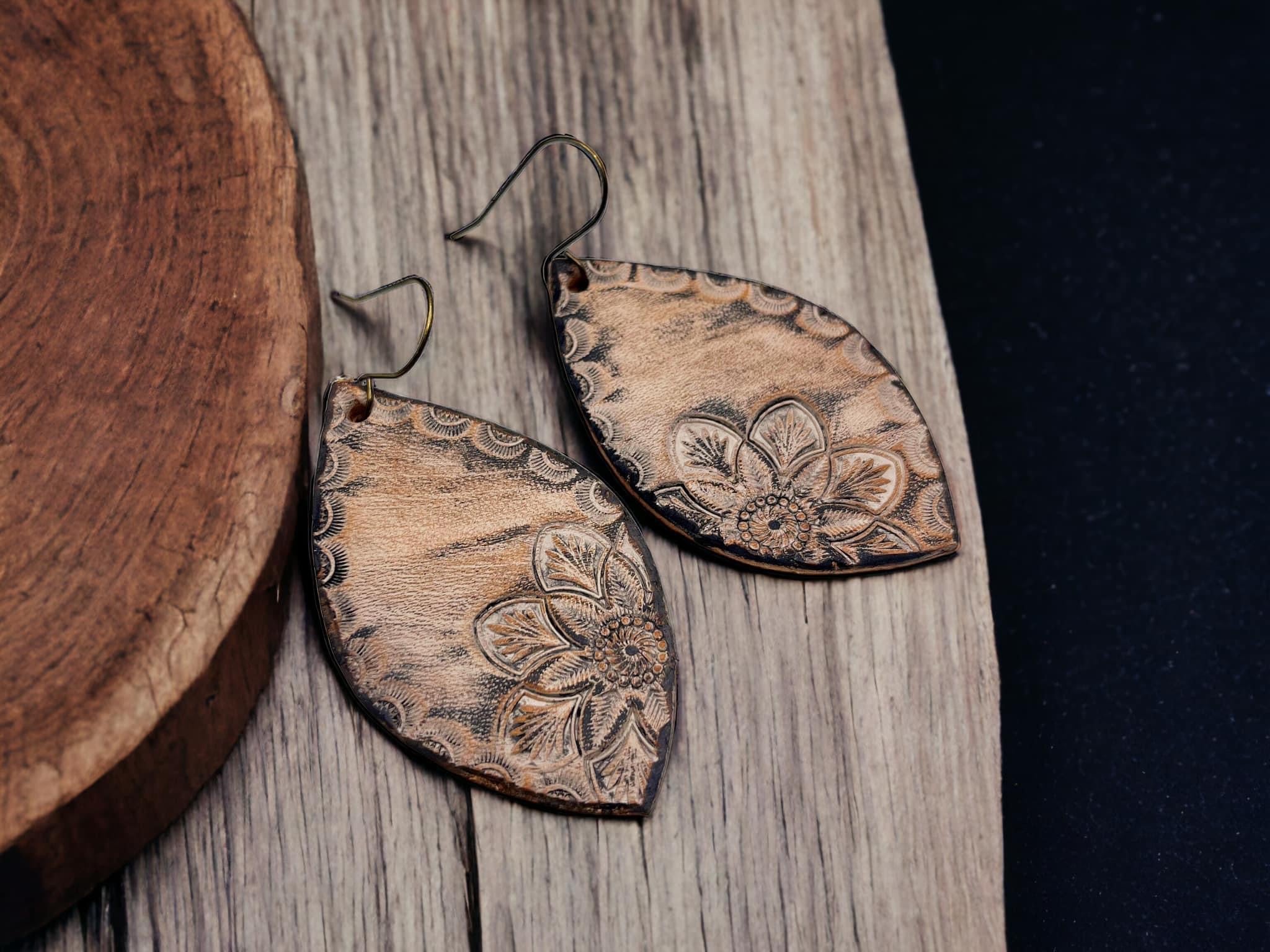 Tooled Leather Earrings- Floral Mandala Petals