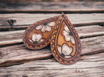 Load image into Gallery viewer, Tooled Leather Earrings - Framed Dogwood Tear Drops
