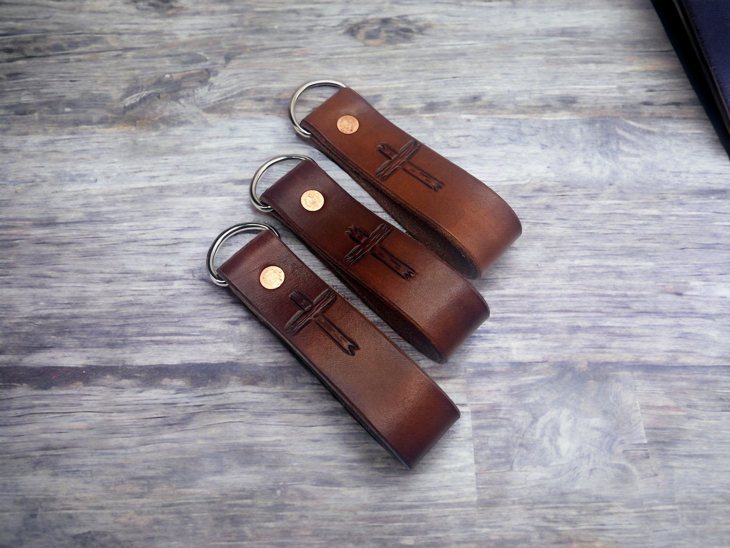 Tooled Leather Keyring - Cross Dark Brown Leather