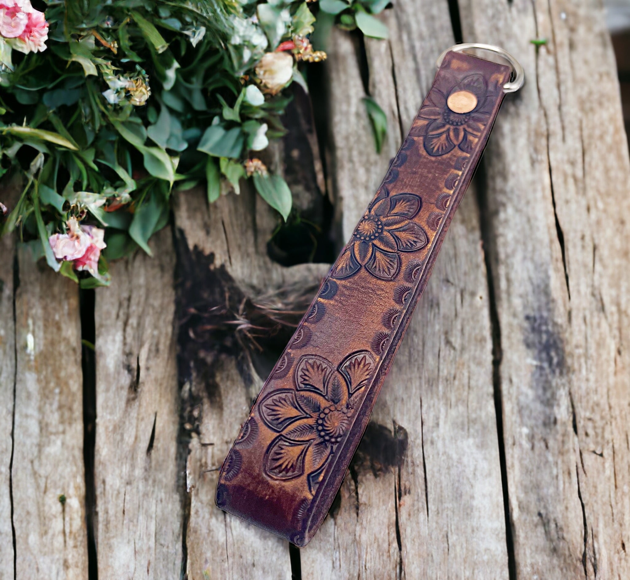 Tooled Leather Key wristlet - Floral Mandala
