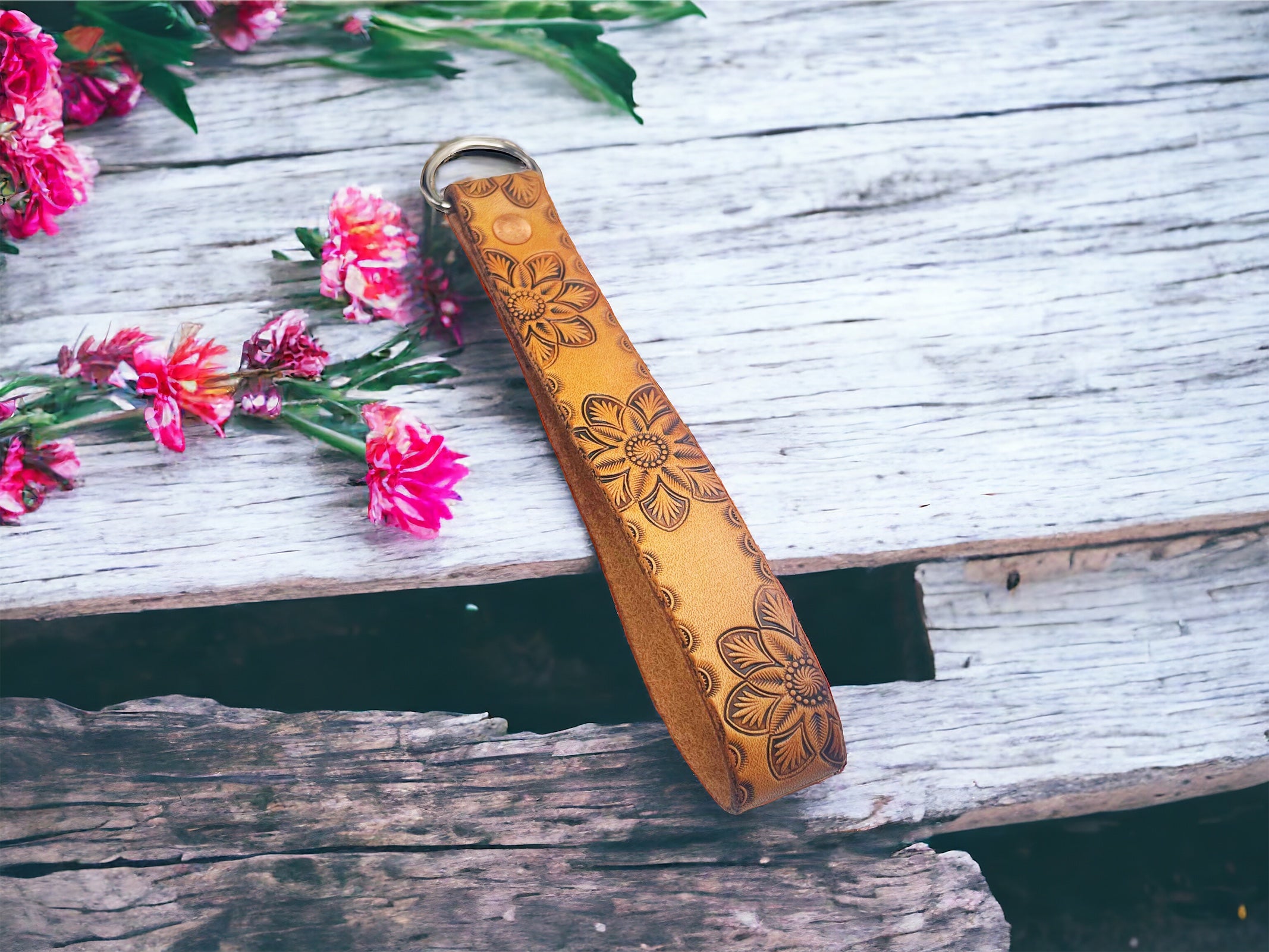 Tooled Leather Key wristlet - Floral Mandala