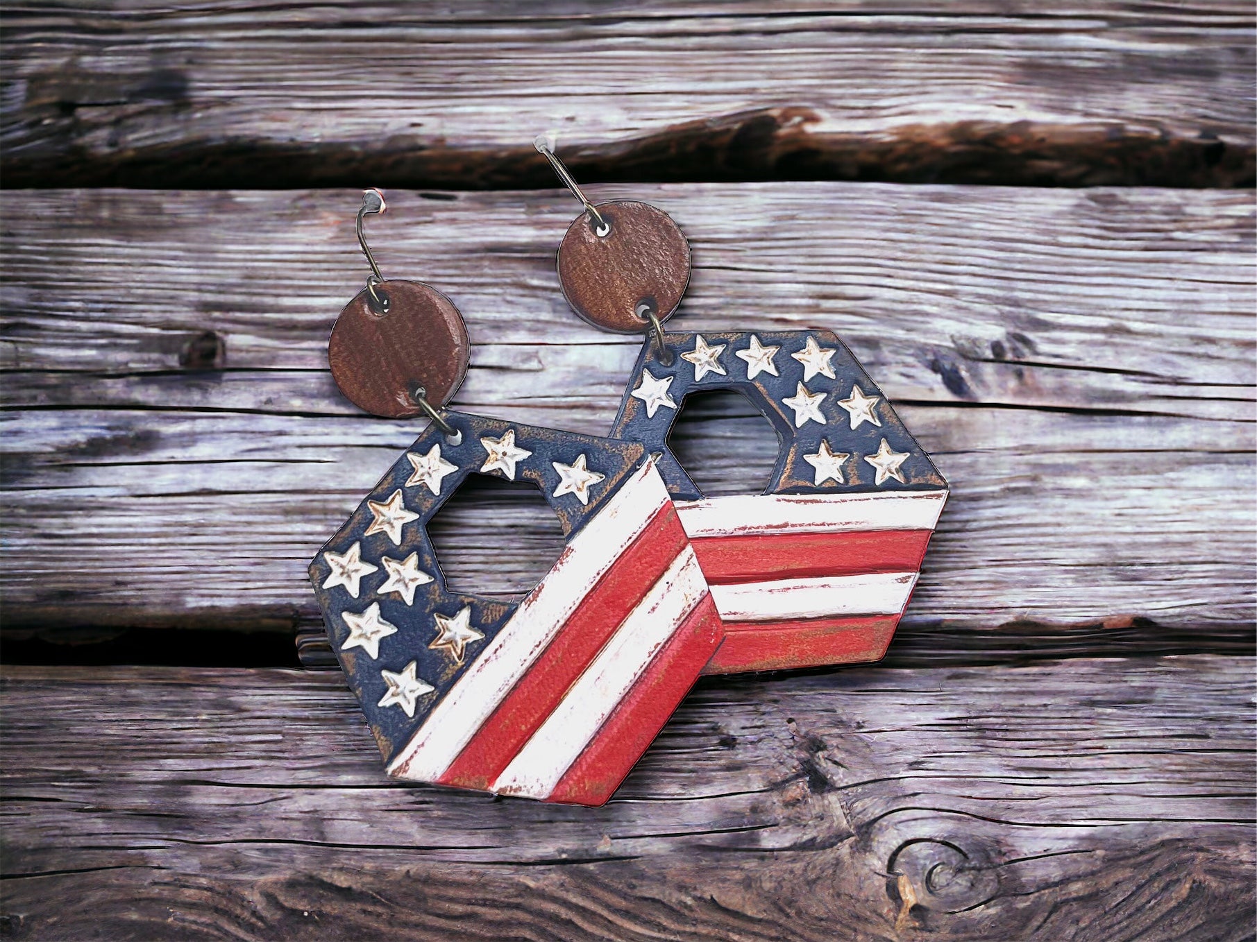 Tooled Leather Earrings- Patriotic Hexy