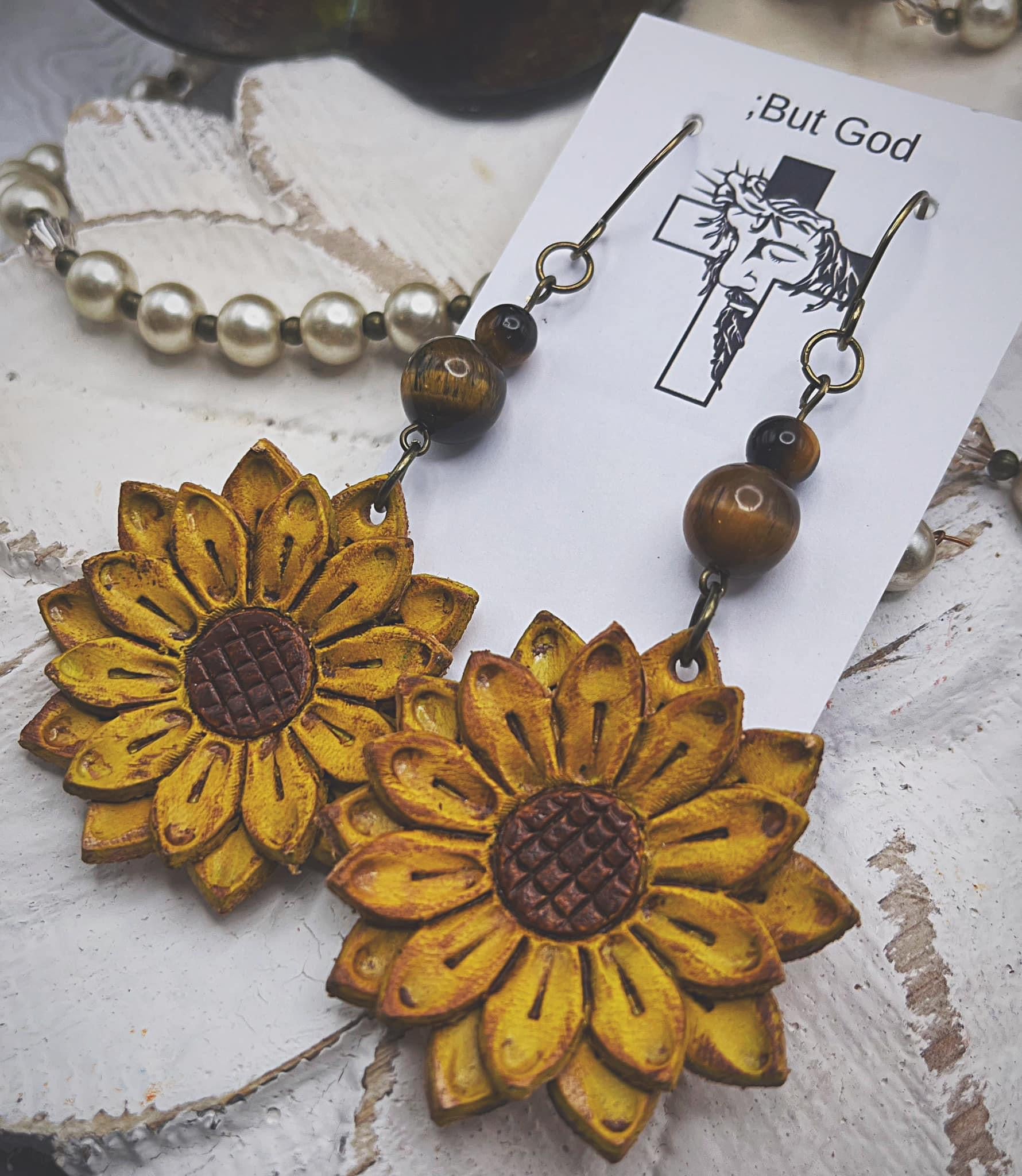 Tooled Leather Earrings- Double Layer Sunflowers