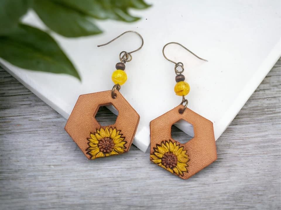 Tooled Leather Earrings- Sunflower Hexy (Small)