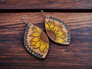 Tooled Leather Earrings- Sunflower w laced edges