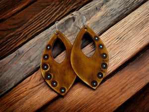 Tooled Leather Earrings- Crystal Dots (Brown/Turq)