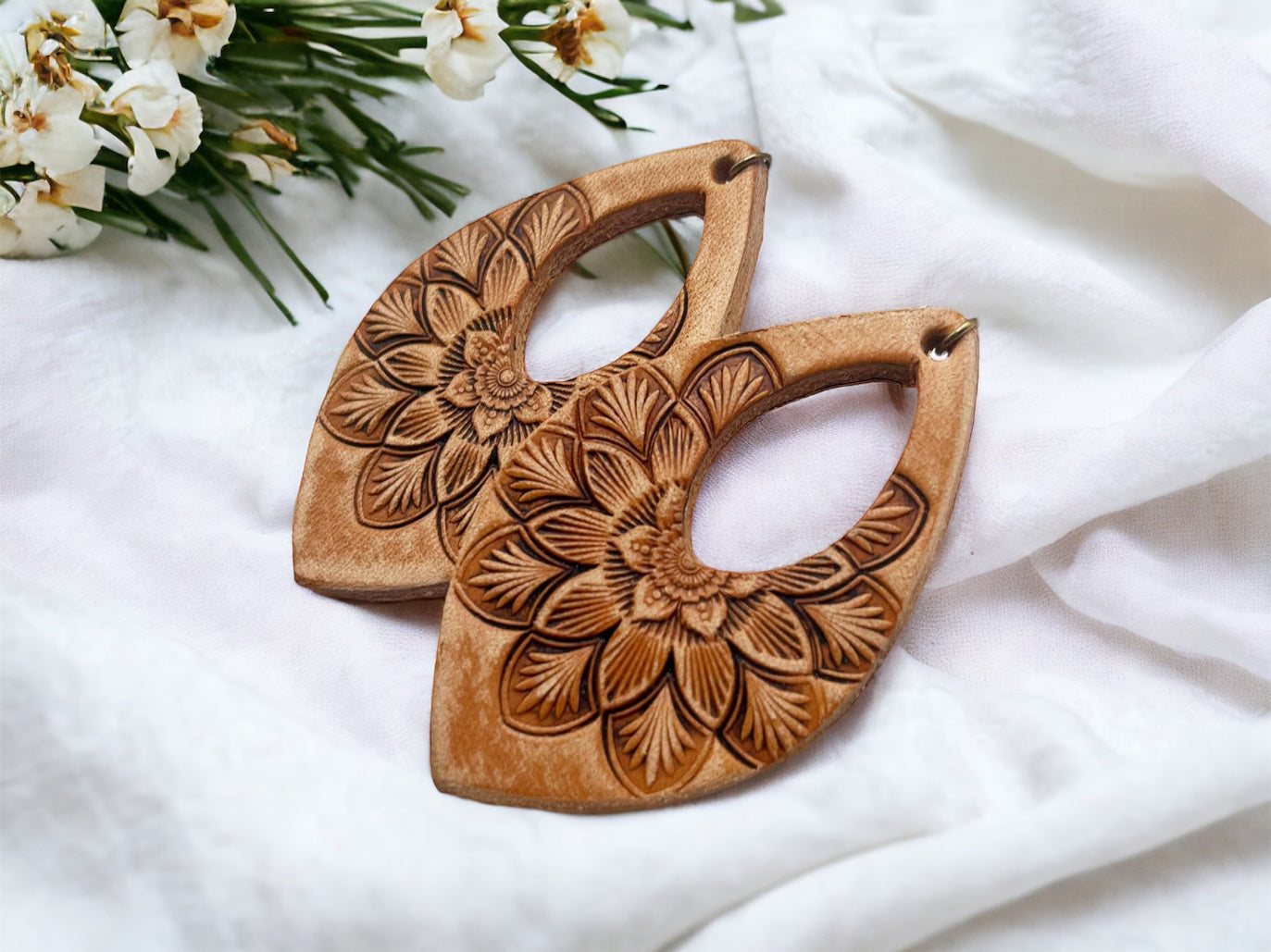 Tooled Leather Earrings- Floral Crystals/ Natural
