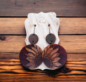 Tooled Leather Earrings- Butter Cream Sunflower Circle