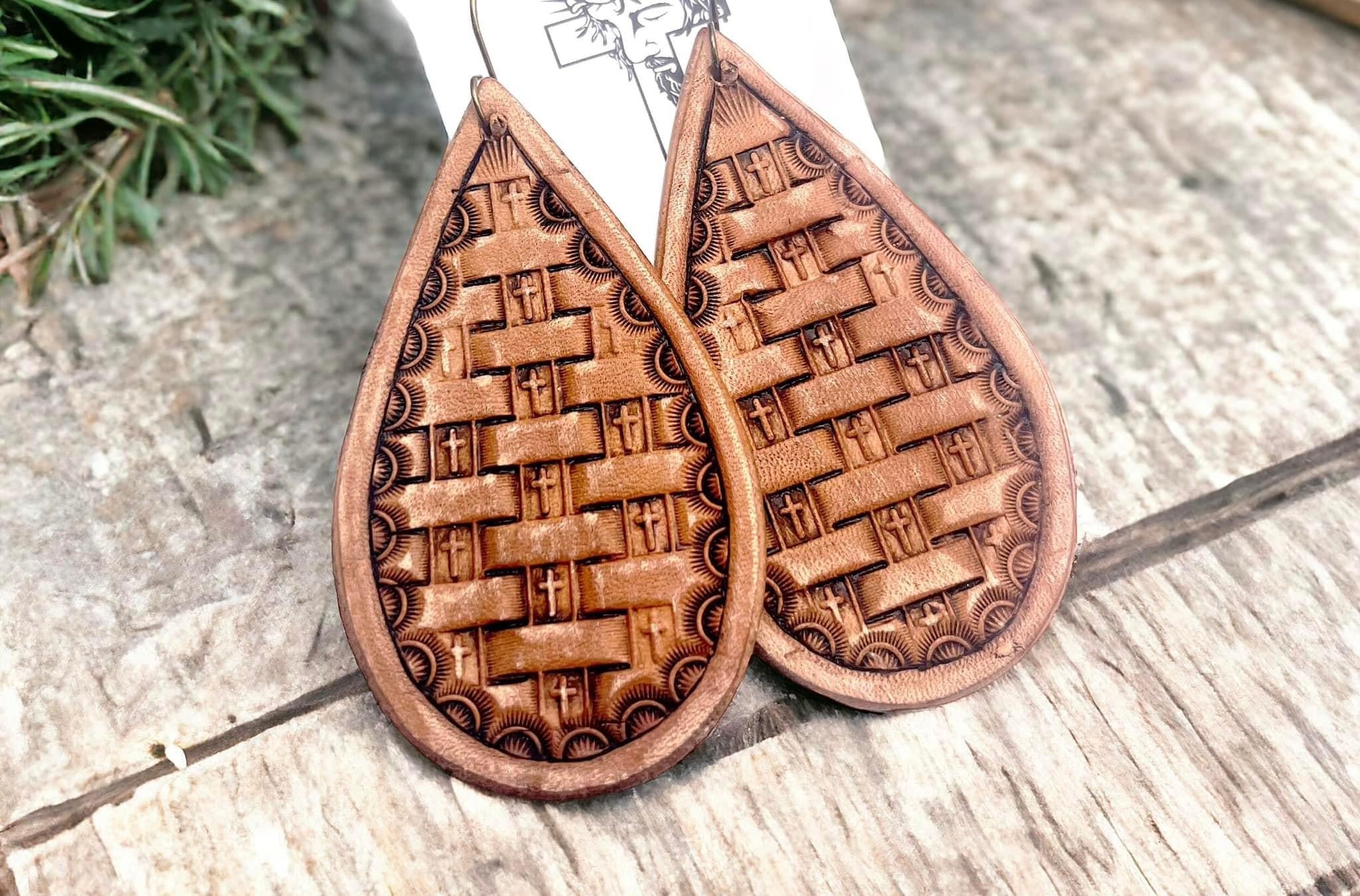 Tooled Leather Earrings- Basketweave with Cross