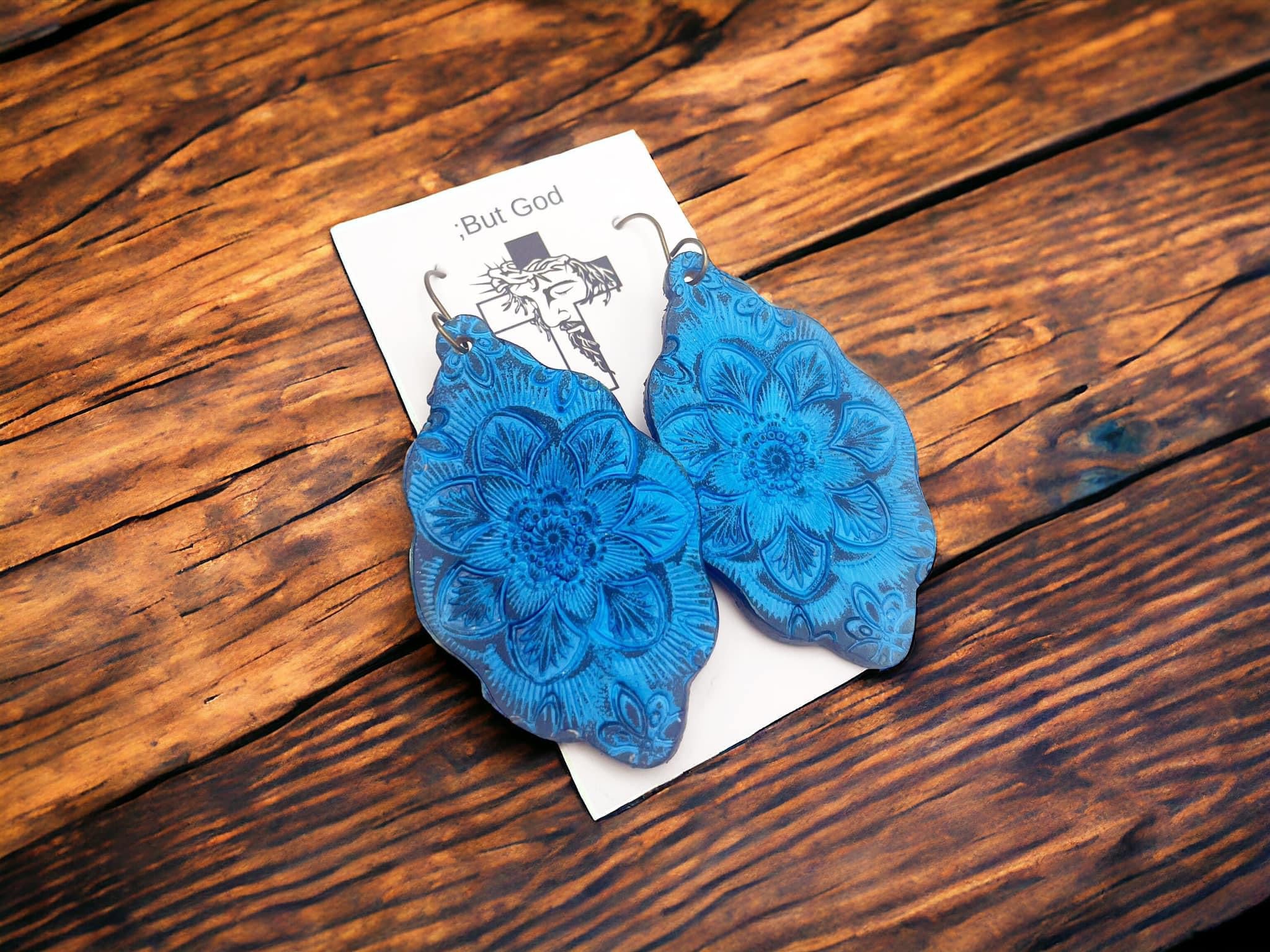 Tooled Leather Earrings- Floral Mandala