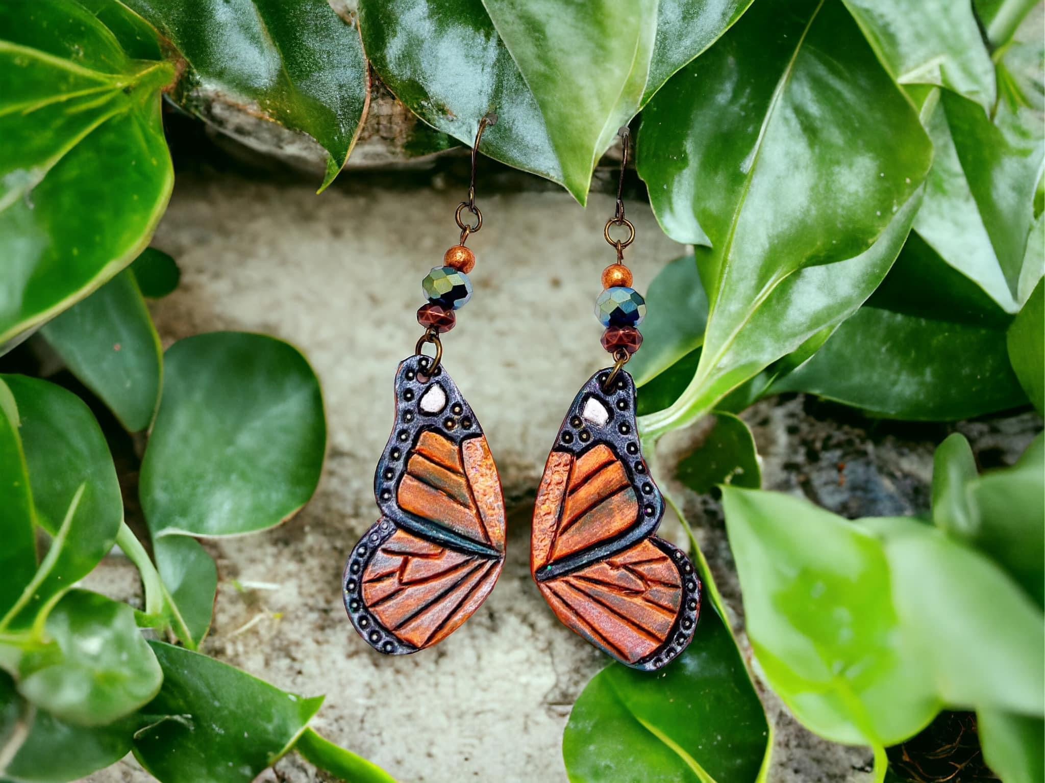 Tooled Leather Earrings- Copper Butterflies