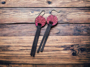Tooled Leather Earrings- Mini Mandala Fringe