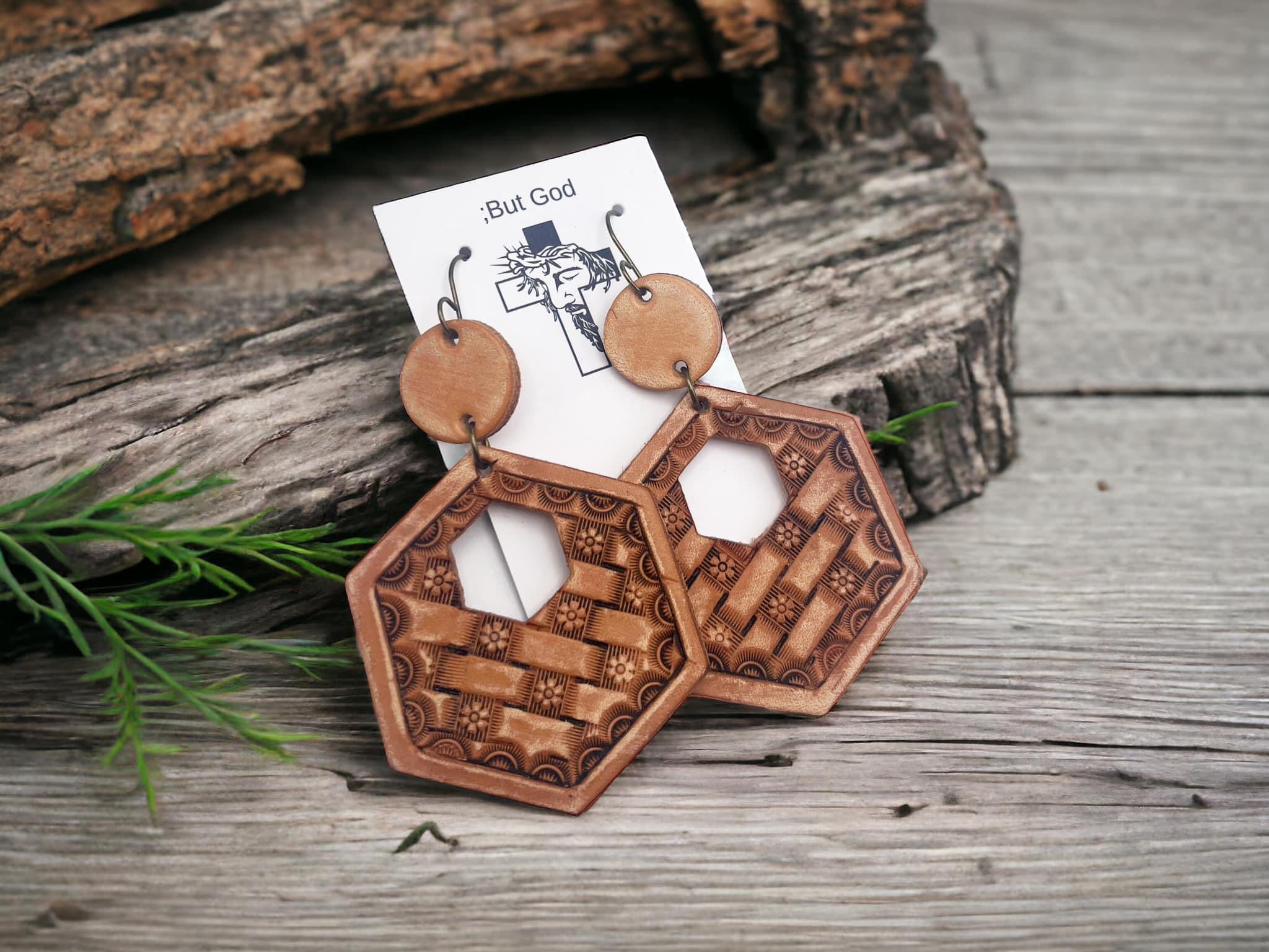 Tooled Leather Earrings- Basketweave Hexys (Large)