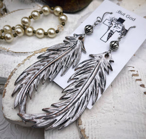 Tooled Leather Earrings-  Feather (Silver & Black)