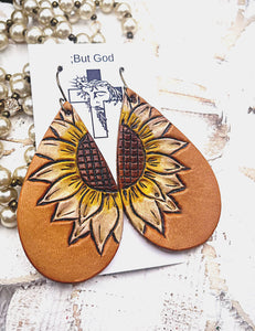 Tooled Leather Earrings- Sunflower Tear Drops