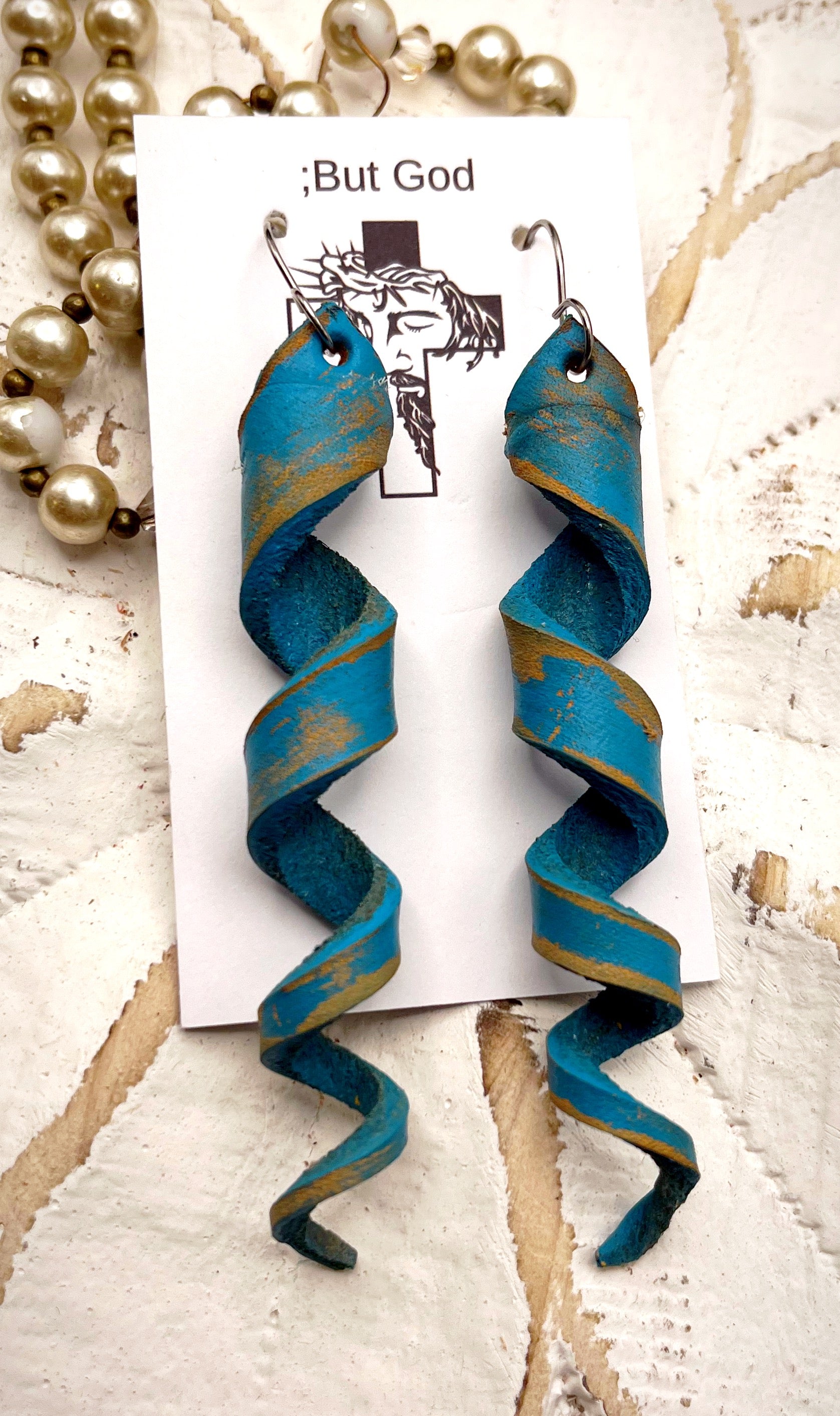 Leather Earrings- Spirals (Turquoise Distressed)