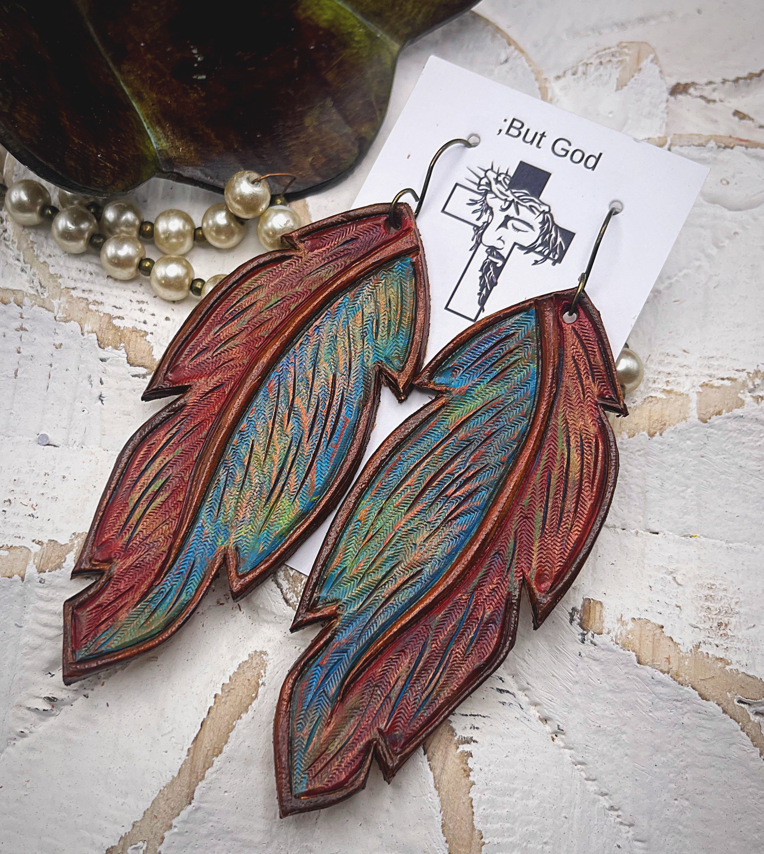 Tooled Leather Earrings- Feathers of Color