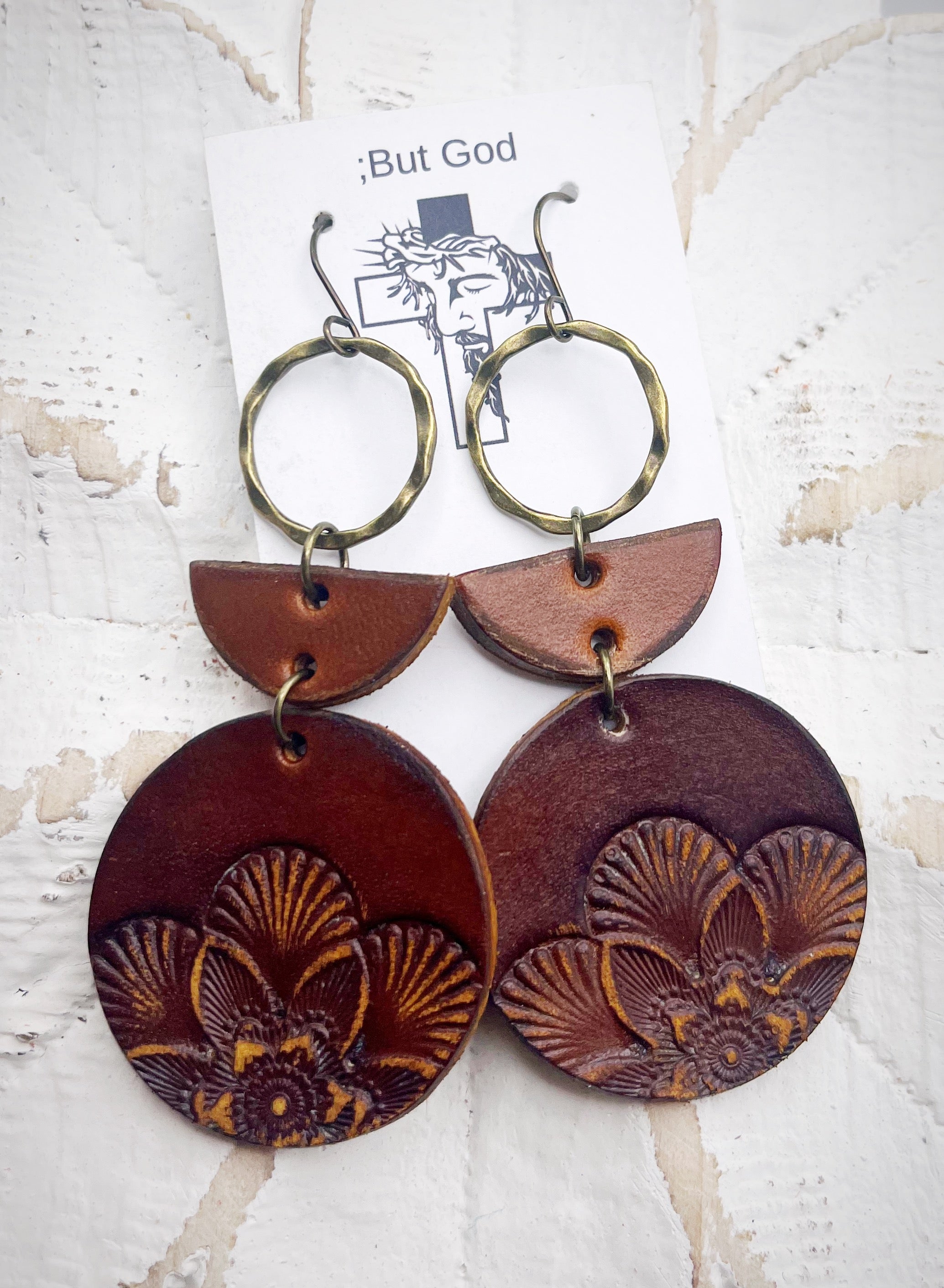 Tooled Leather Earrings- Floral Mandala Dangles
