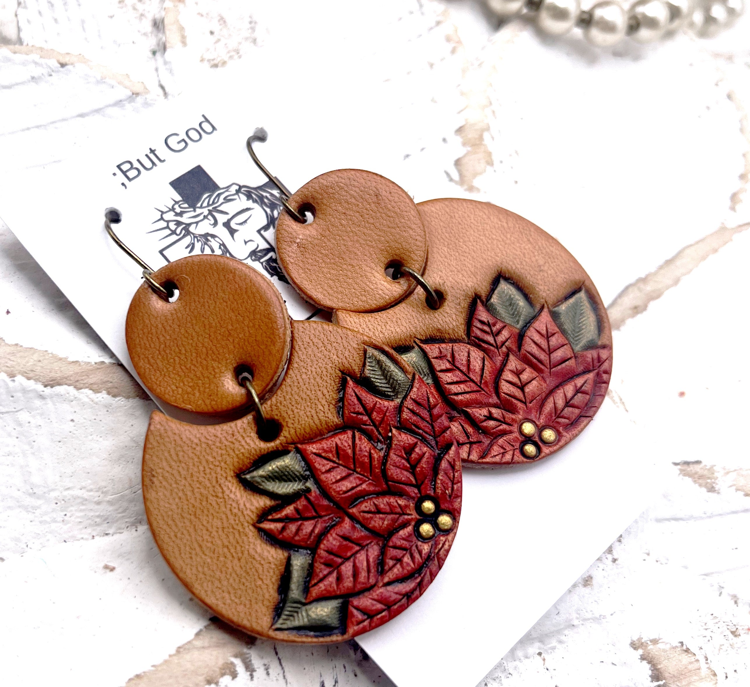 Tooled Leather Earrings- Poinsettia Notched Circles