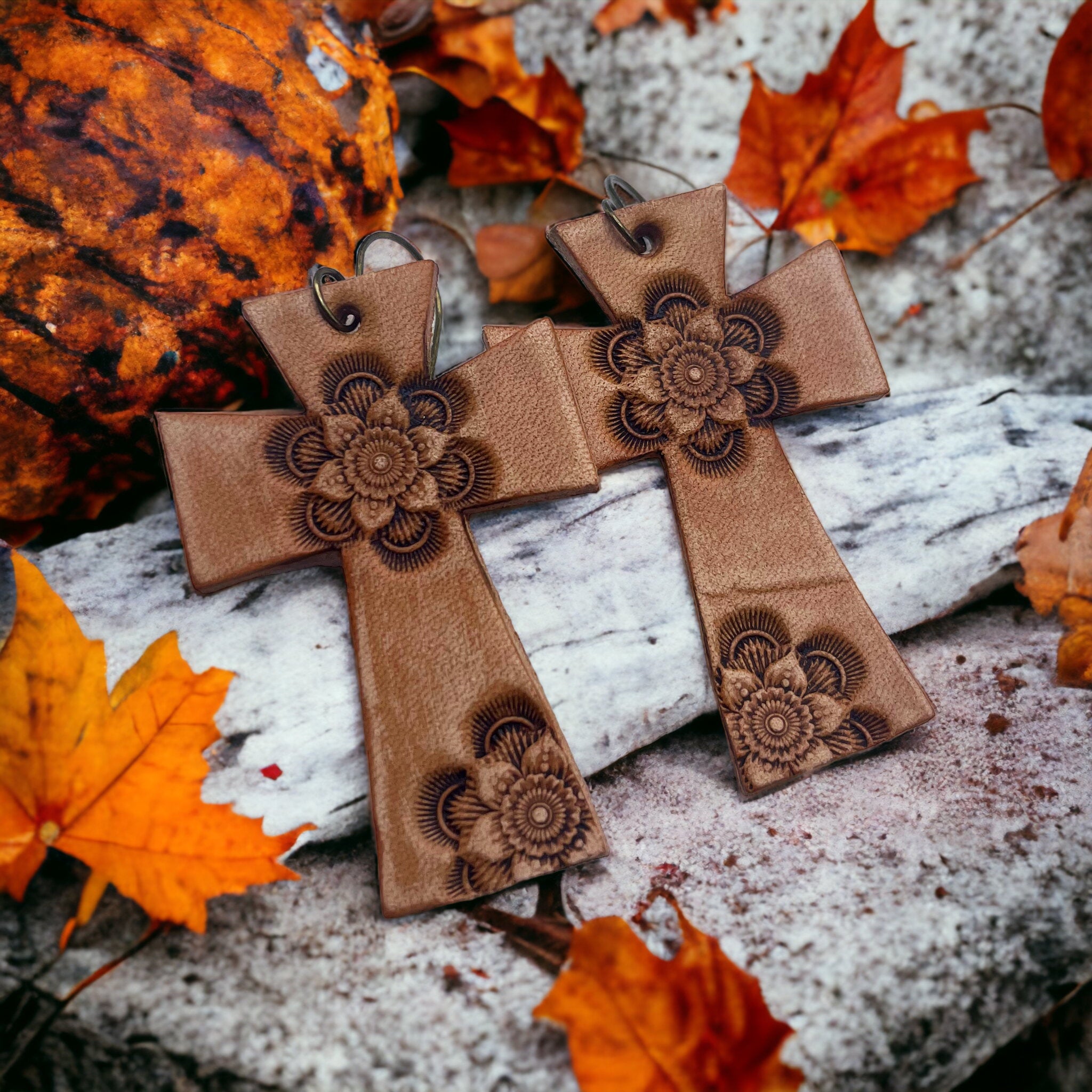 Tooled Leather Earrings- Floral Cross