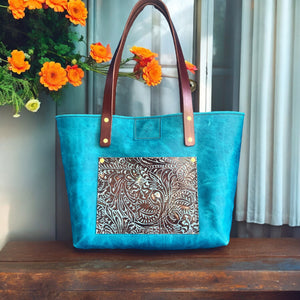 Genuine Leather Tote- Turquoise/Embossed Floral