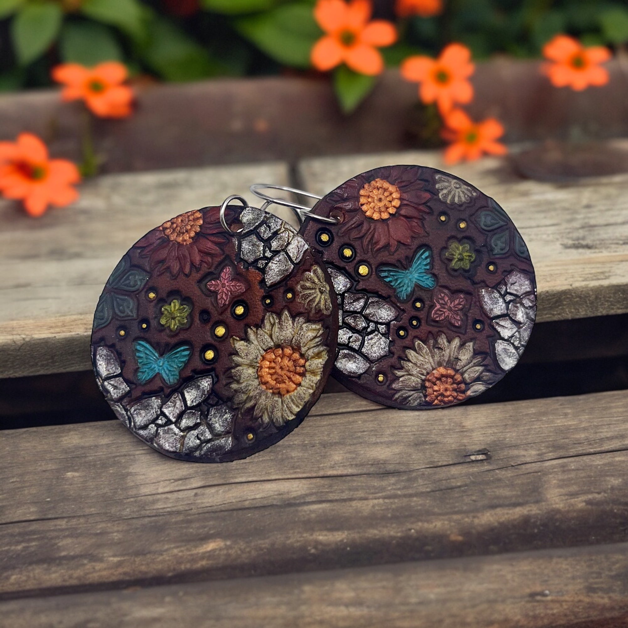 Tooled Leather Earrings- A Circle of Spring