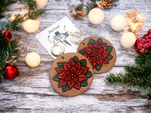 Tooled Leather Earrings- Poinsetta Circle Dangles