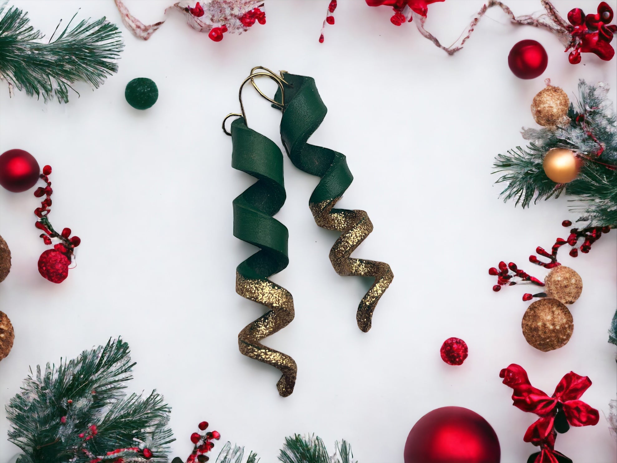 Leather Earrings- Twisties/ Green/Gold Glitter Dipped