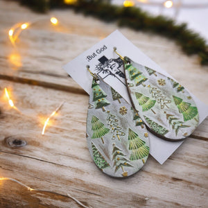 Embossed Leather Earrings- Christmas Trees/White