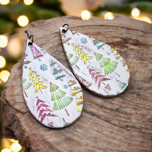 Embossed Leather Earrings- Multi Colored Christmas Tree Tear drops