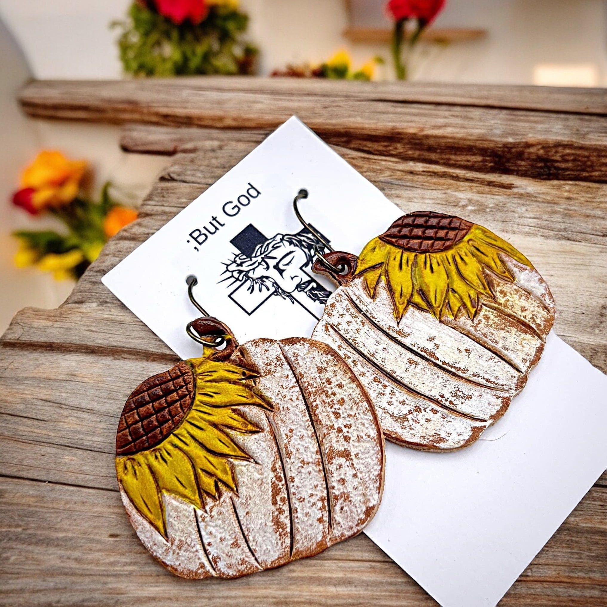 Tooled Leather Earrings- Sunflower Pumpkins