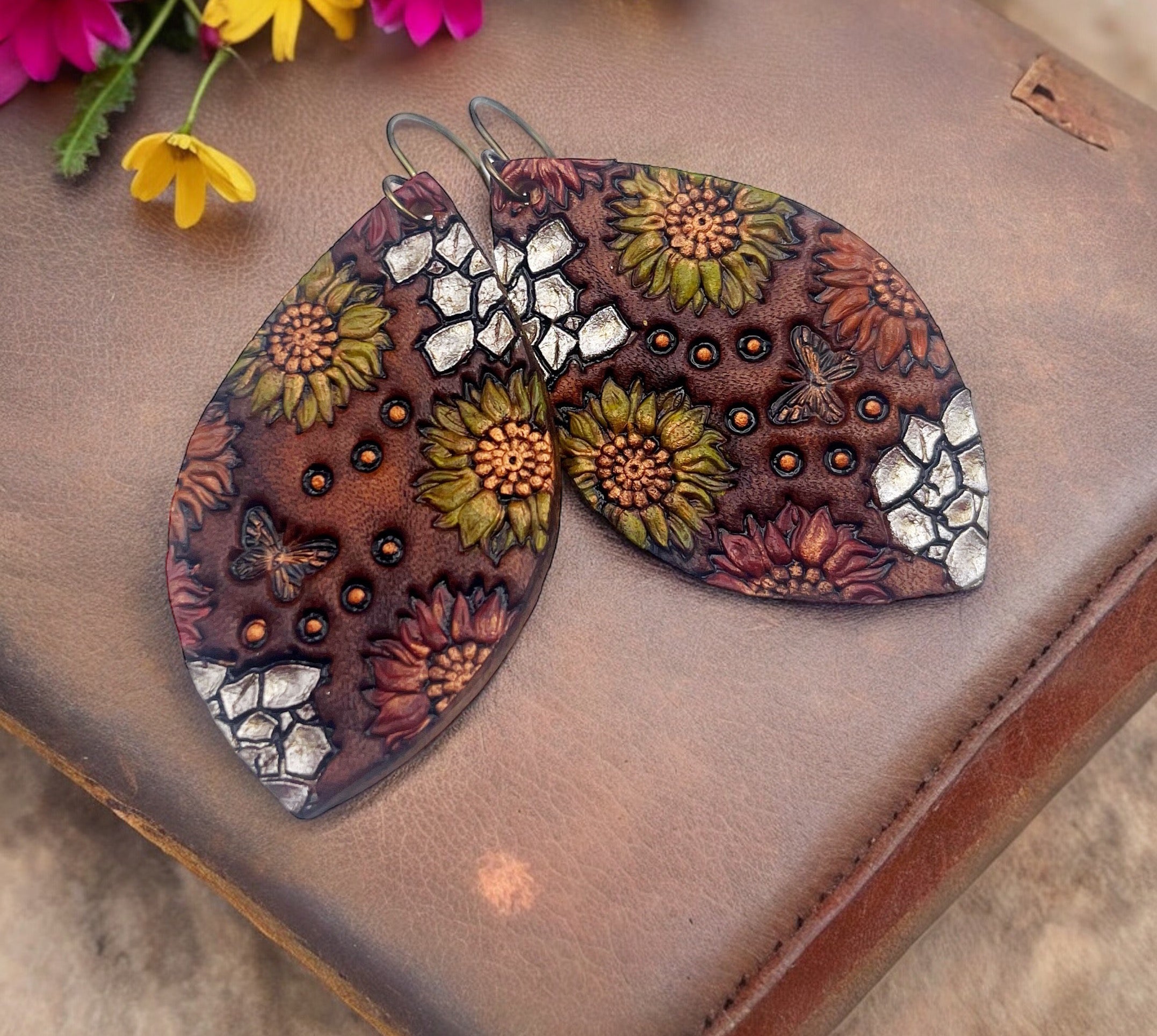 Tooled Leather Earrings- Fluttering Blooms