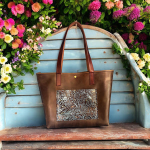 Tote With Turquoise Floral embossed pocket