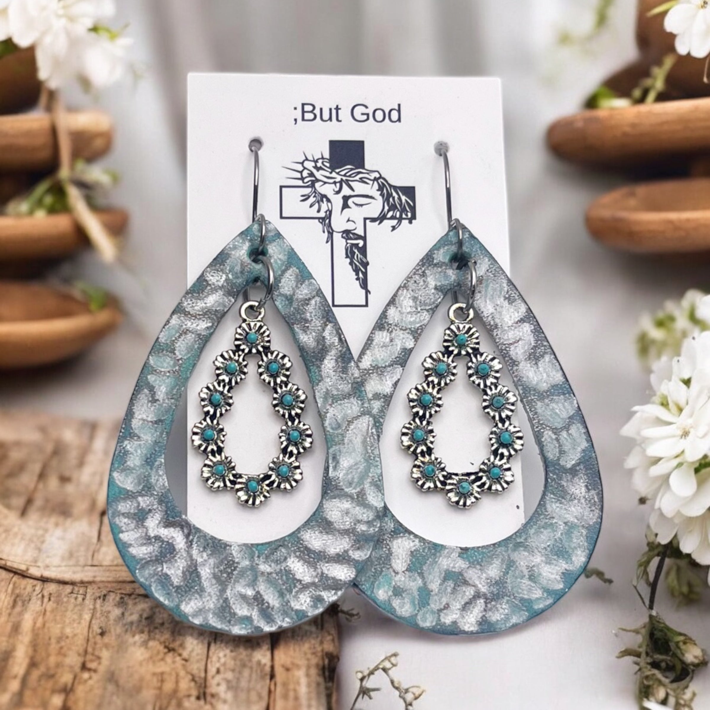 Tooled Leather Earrings- Hammered Open Tear Drops with Charm