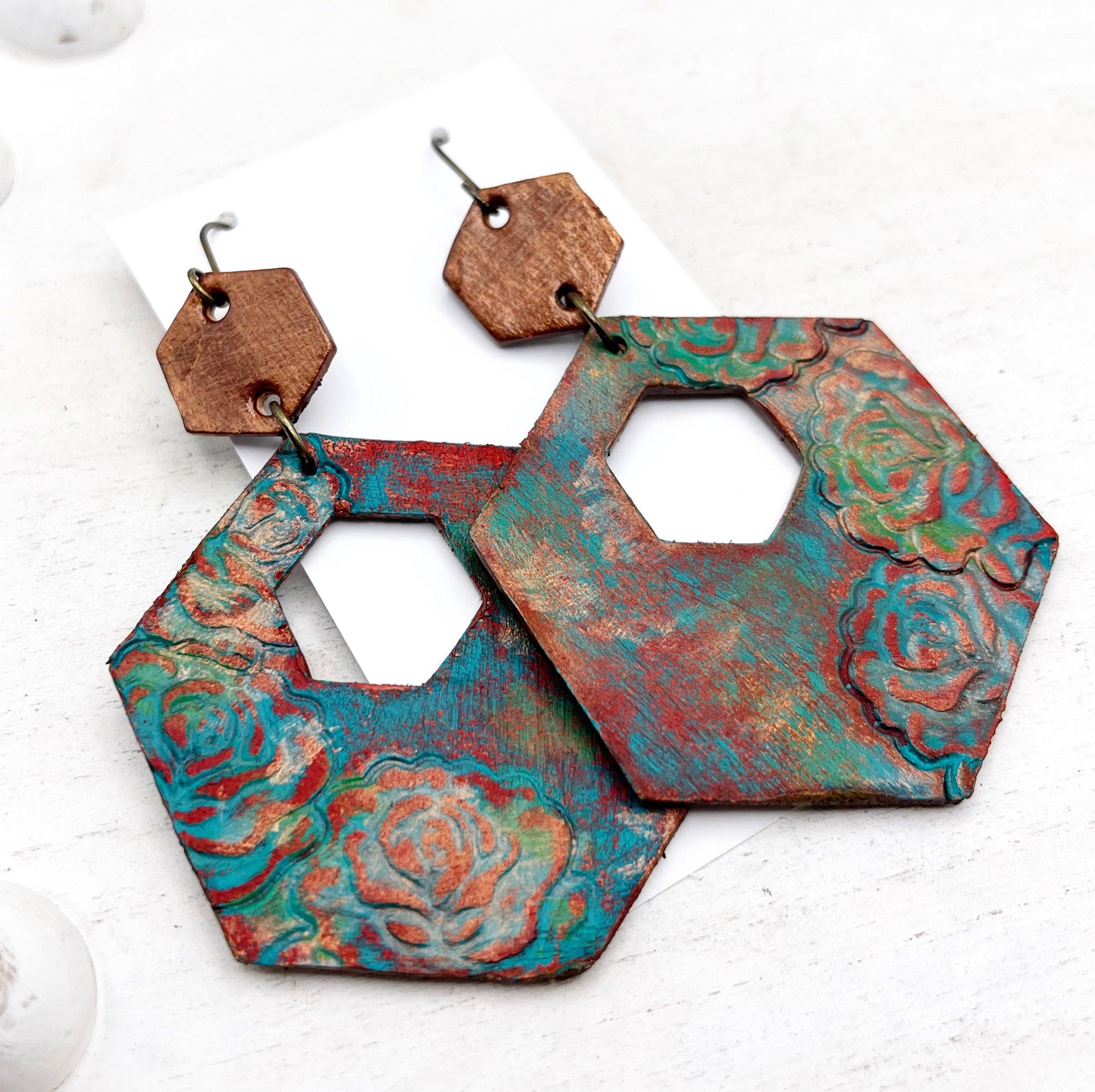 Tooled Leather Earrings- Copper Rose Hexy