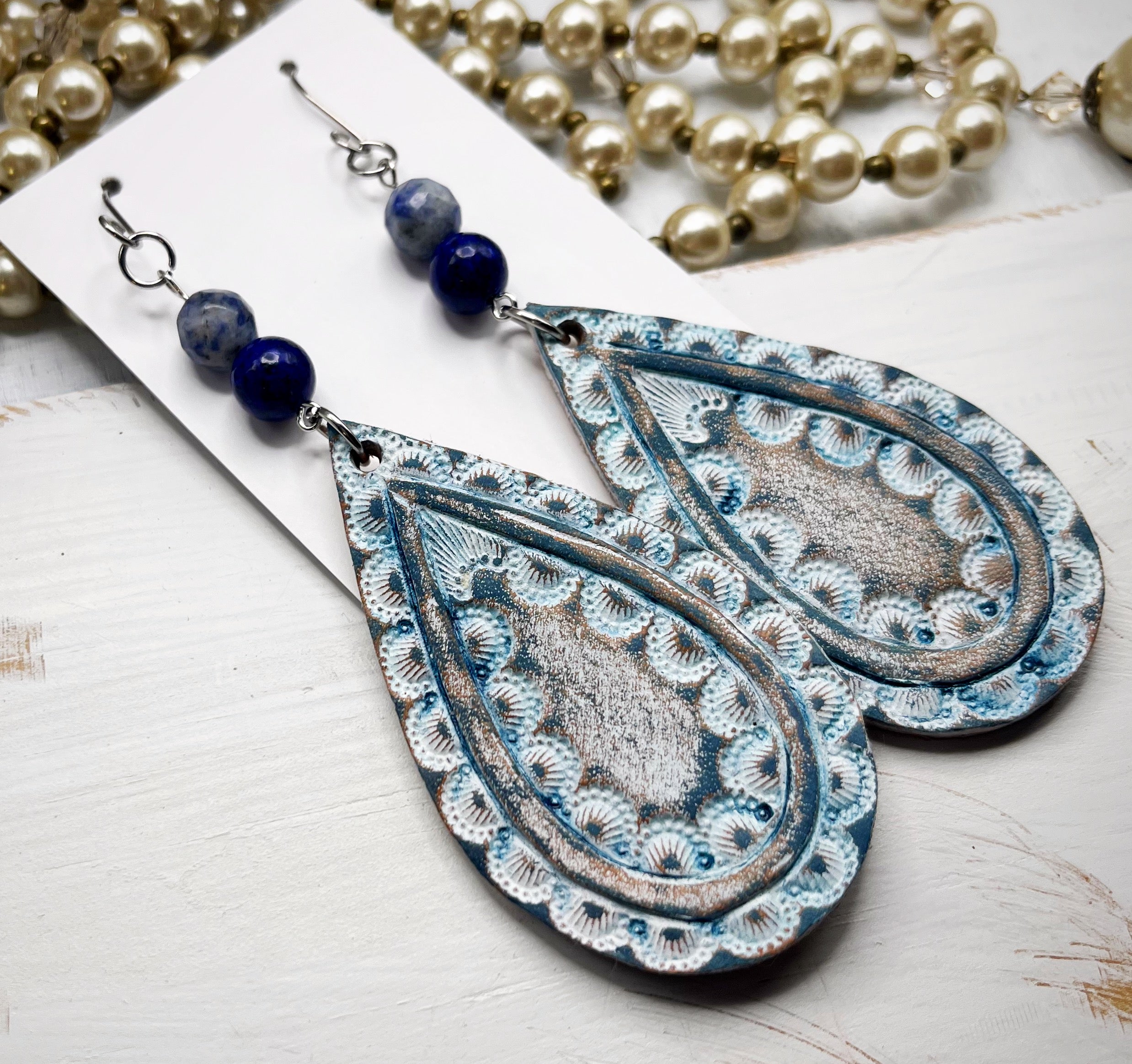 Tooled Leather Earrings - Alora (Denim Washed w beads)