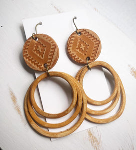 Tooled Leather Earrings- Triple Stacked Circles Jessi Natural
